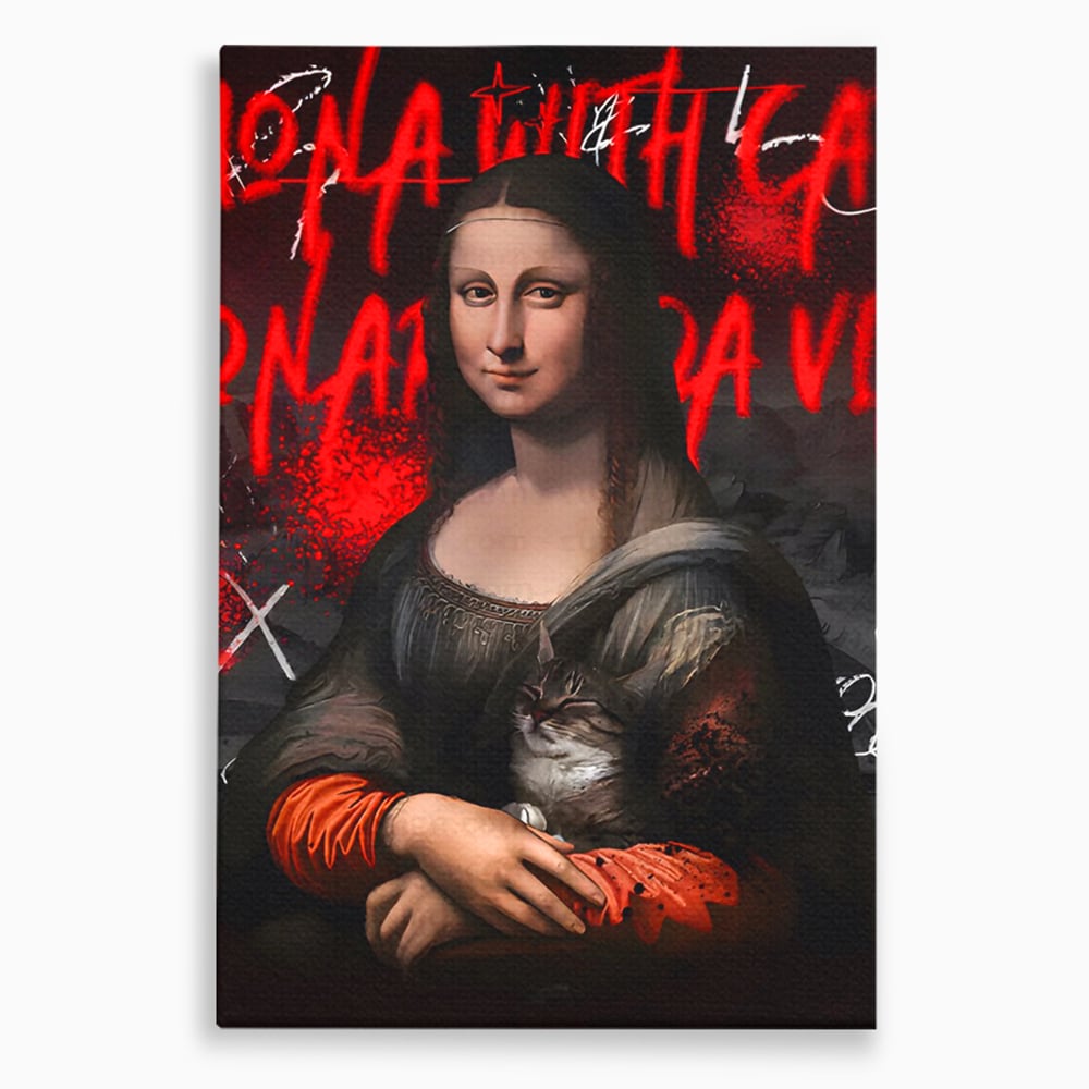 Tablou canvas cu tablou canvas cu mona lisa si o pisica, fara rama, pe sasiu de lemn